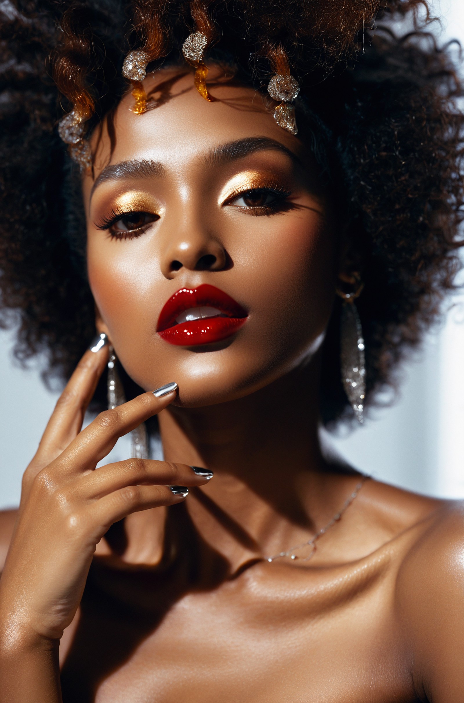film aesthetic,Striking portrait, high-key lighting, close-up of a young woman of African descent, vibrant makeup emphasiz...